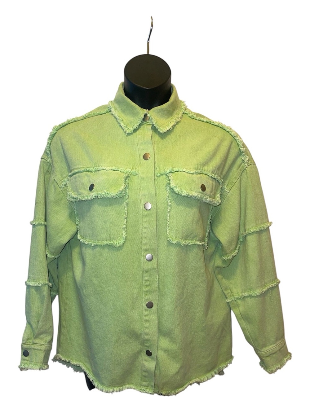 Oversized Frayed-Trim Green Denim Jacket